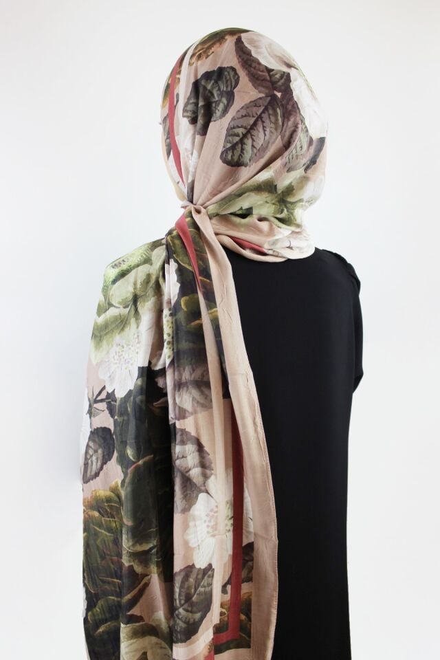 Gül Desen Bambu Şal - Toprak