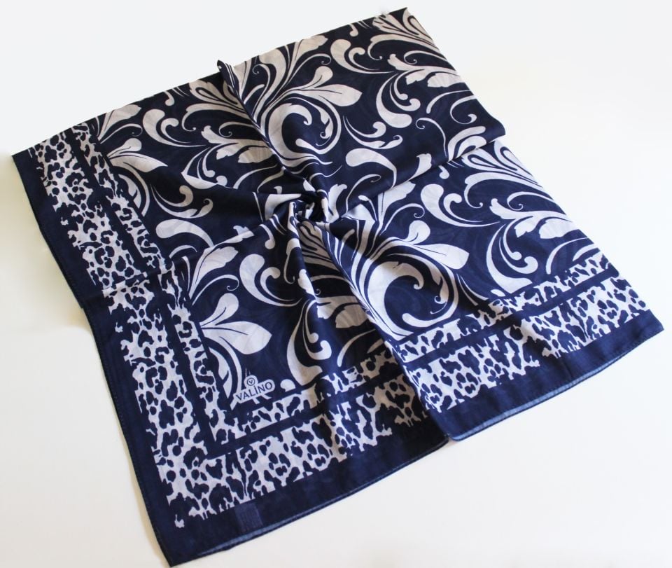 120x120 Lale Desenli Pamuklu Eşarp - Lacivert