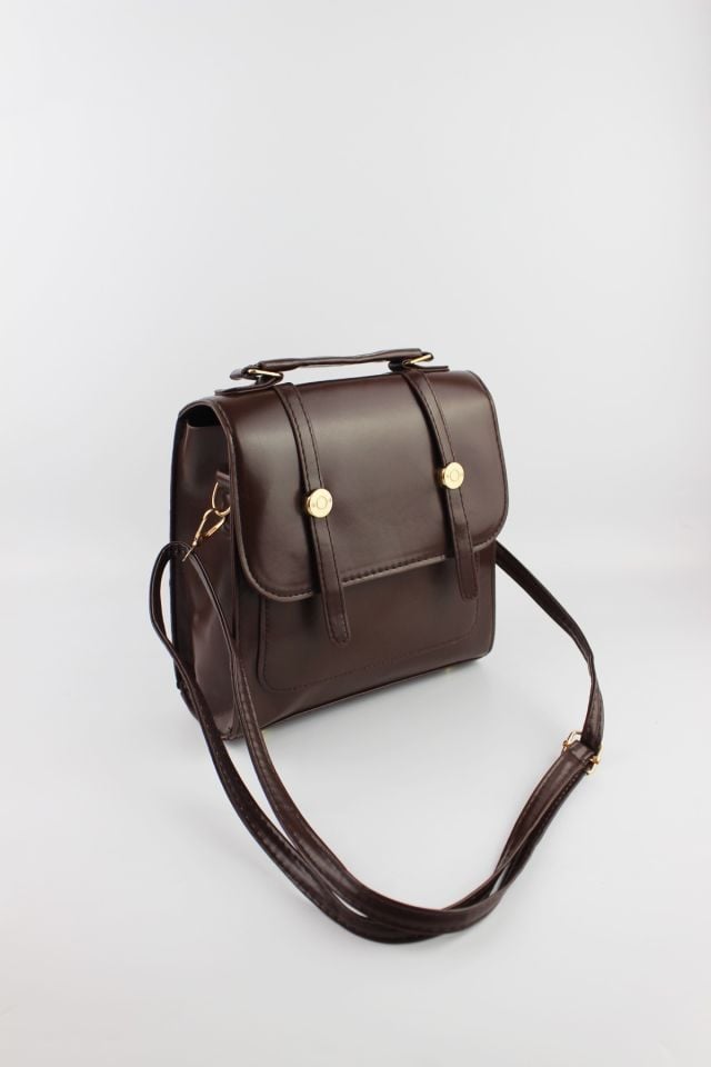 Kolej Tarzı Acı Kahve Deri Çıtçıt Kapamalı Kadın Küçük Boy Omuz ve Sırt Çantası 20x20x9 Cm