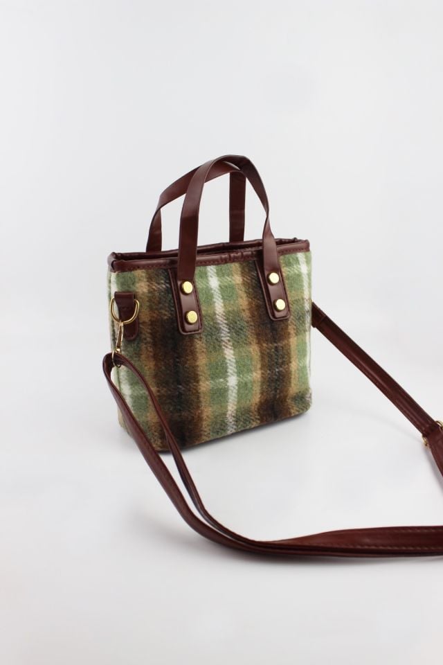 Ekose Desenli Haki Keçe Kumaş Fermuar Kapamalı Kadın Küçük Boy El Omuz Çantası 15x15x9 Cm