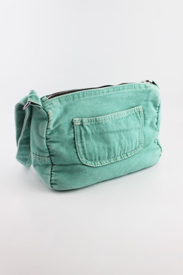 Vintage Kadın Kot Kumaş Fermuar Kapamalı Nil Yeşili Küçük Boy Çapraz Omuz Çantası 22x16x10 Cm