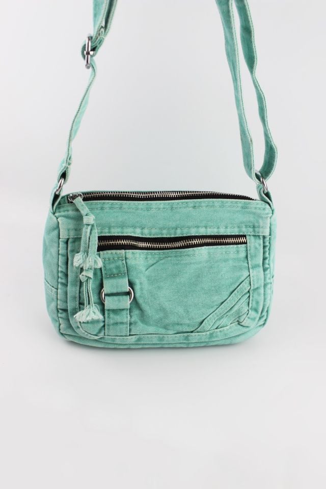 Vintage Kadın Kot Kumaş Fermuar Kapamalı Nil Yeşili Küçük Boy Çapraz Omuz Çantası 22x16x10 Cm