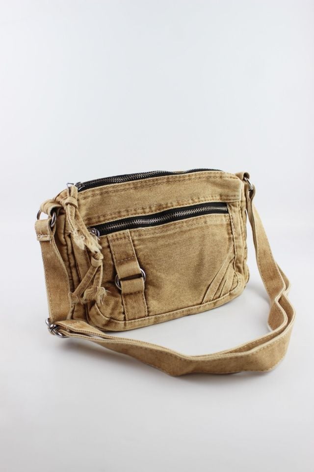 Vintage Kadın Kot Kumaş Fermuar Kapamalı Safran Küçük Boy Çapraz Omuz Çantası 22x16x10 Cm