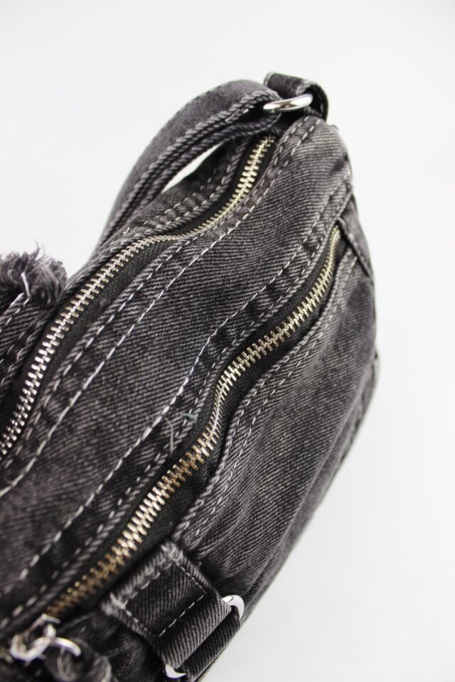 Vintage Kadın Kot Kumaş Fermuar Kapamalı Siyah Küçük Boy Çapraz Omuz Çantası 22x16x10 Cm