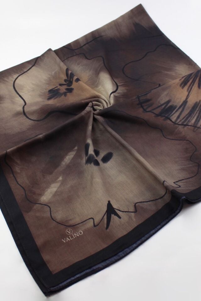 120x120 Sulu Boya Desenli Pamuklu Eşarp - Acı Kahve