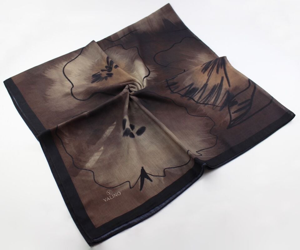 120x120 Sulu Boya Desenli Pamuklu Eşarp - Acı Kahve