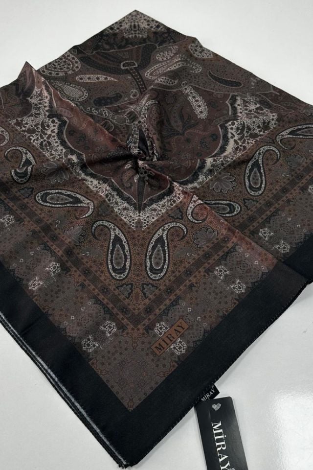 120x120 Etnik Desenli Soft Pamuk Eşarp - Kahve