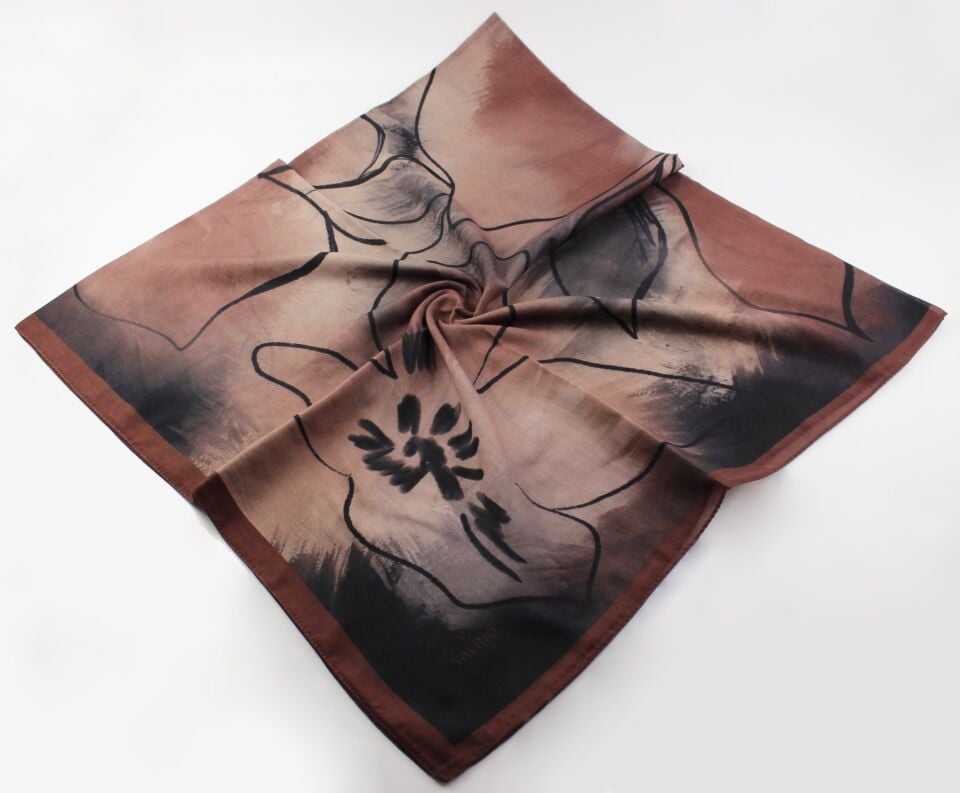 120x120 Sulu Boya Desenli Pamuklu Eşarp - Çikolata Kahve